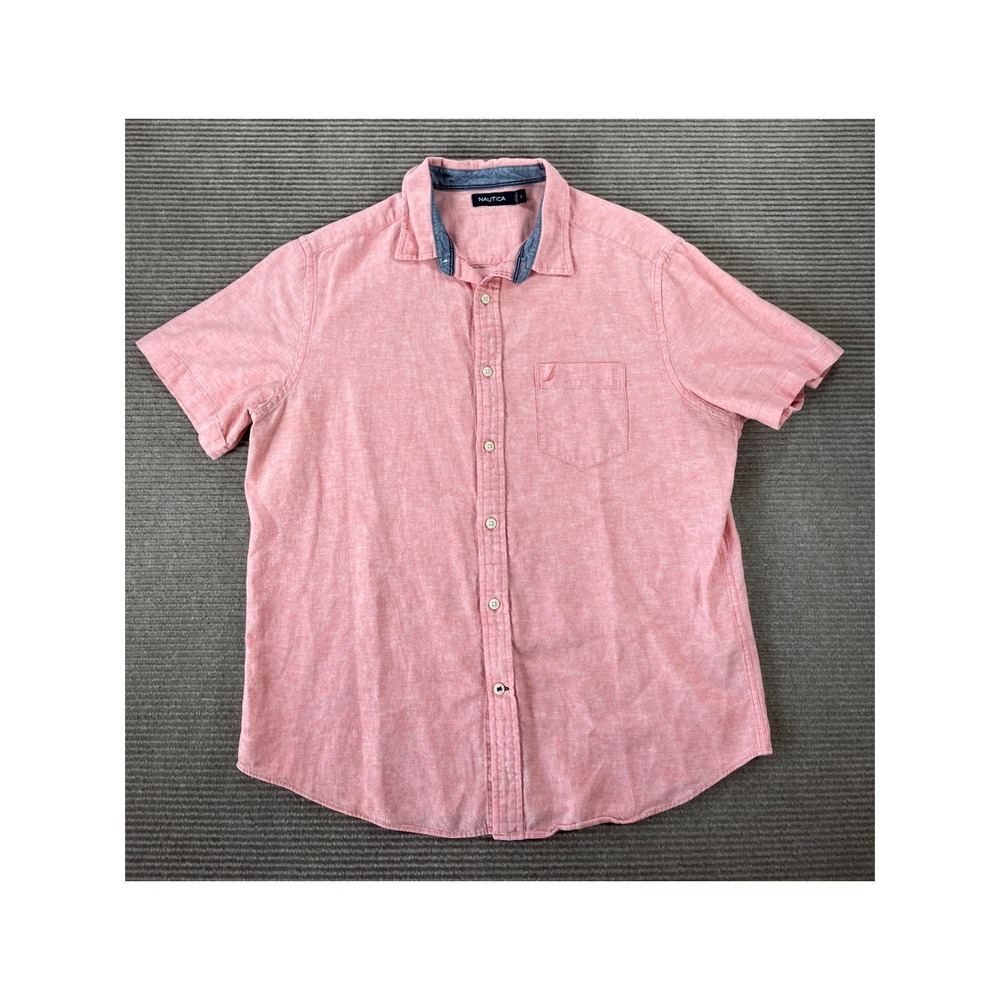Nautica Mens Linen Cotton Short Sleeve Button Down Shirt Coral Pink Large